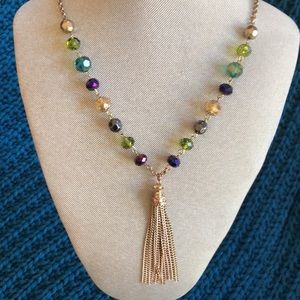 Faceted Jewel-tone Beads with Tassel on Antique Gold Chain